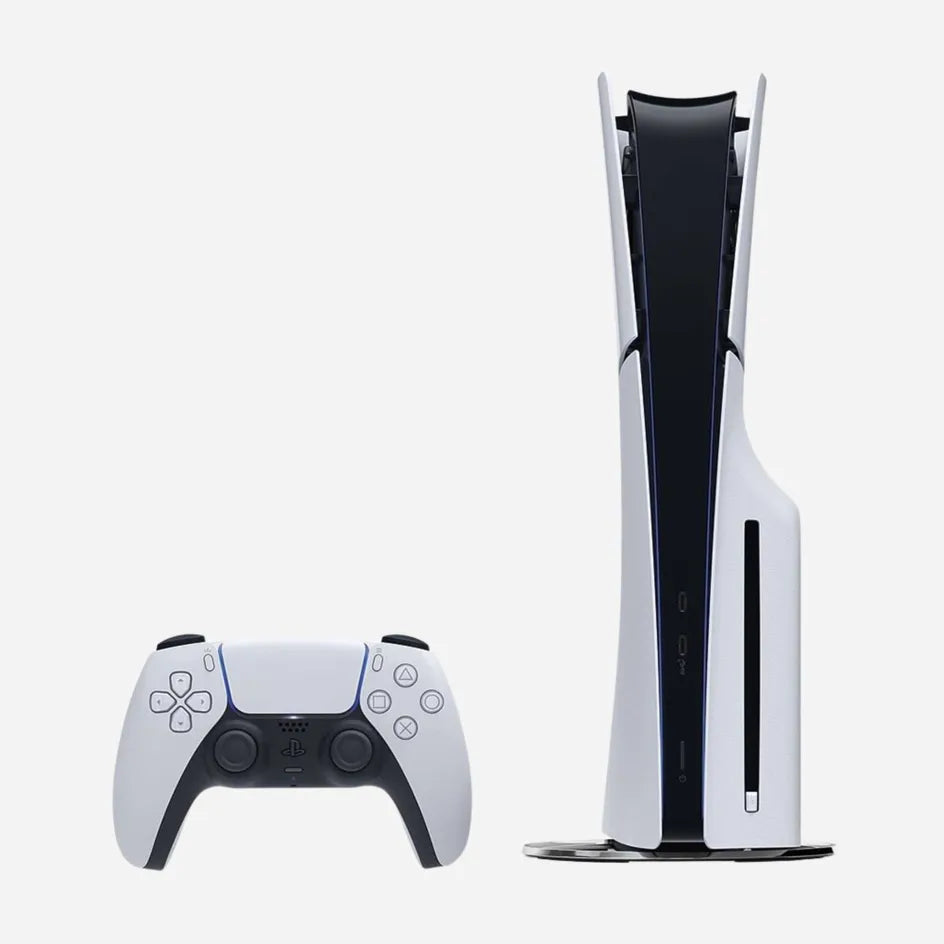 Sony PlayStation 5 Slim Disc Edition 1TB console in White, standing vertically with the included DualSense wireless controller and built-in Blu-ray disc drive.