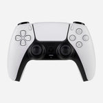 Official Sony PlayStation 5 DualSense wireless controller in White, front view showing the adaptive triggers design, touchpad, analogue sticks and PlayStation buttons.