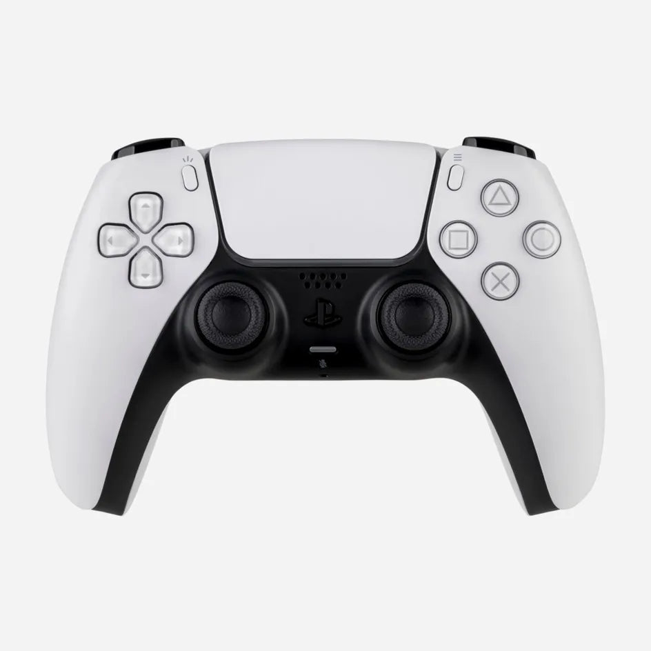 Official Sony PlayStation 5 DualSense wireless controller in White, front view showing the adaptive triggers design, touchpad, analogue sticks and PlayStation buttons.