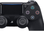 Close-up front view of the Sony DualShock 4 V2 Jet Black controller, highlighting the integrated touchpad, analogue sticks, directional pad and familiar PlayStation face buttons.