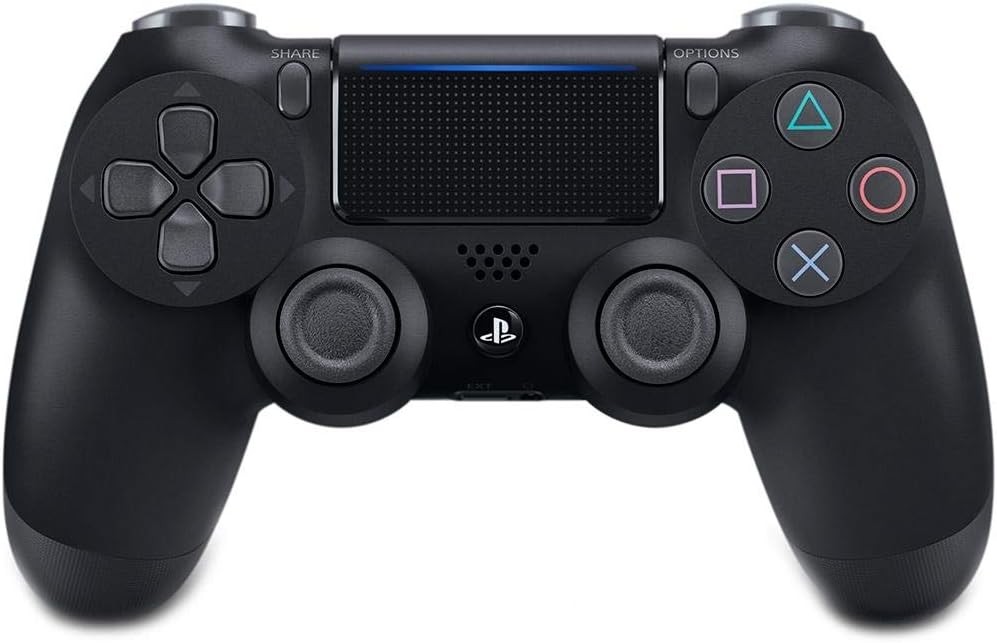 Official Sony PlayStation 4 DualShock 4 V2 Wireless Controller in Jet Black, front view showing the analogue sticks, touchpad, D-pad and PlayStation buttons.