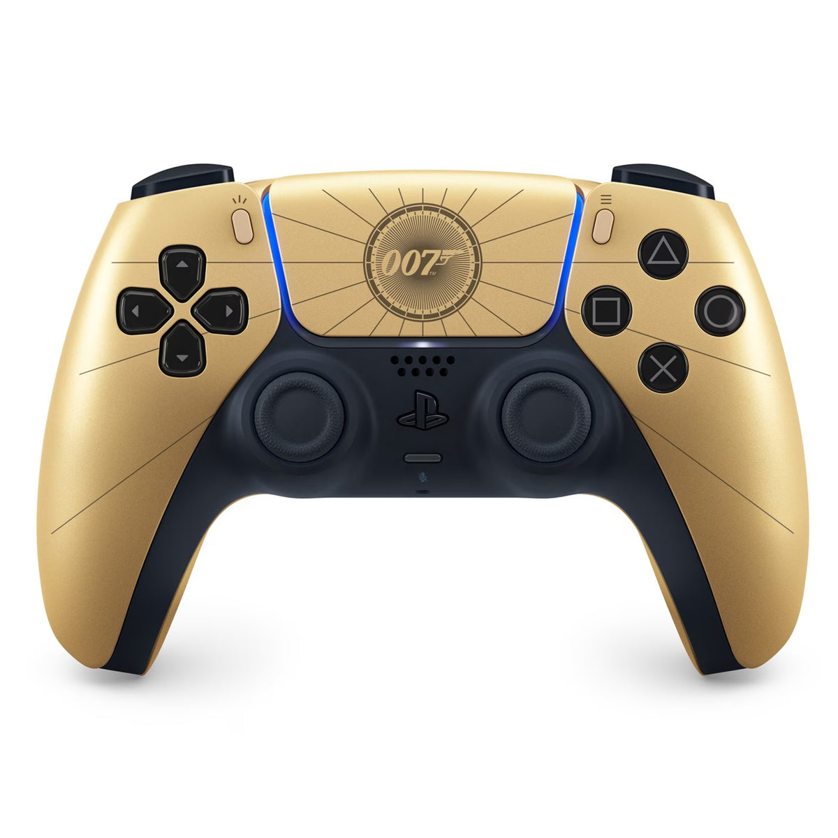 Sony PlayStation 5 DualSense 007 First Light Limited Edition wireless controller, front view featuring gold and black styling, the 007 emblem and blue light accents.