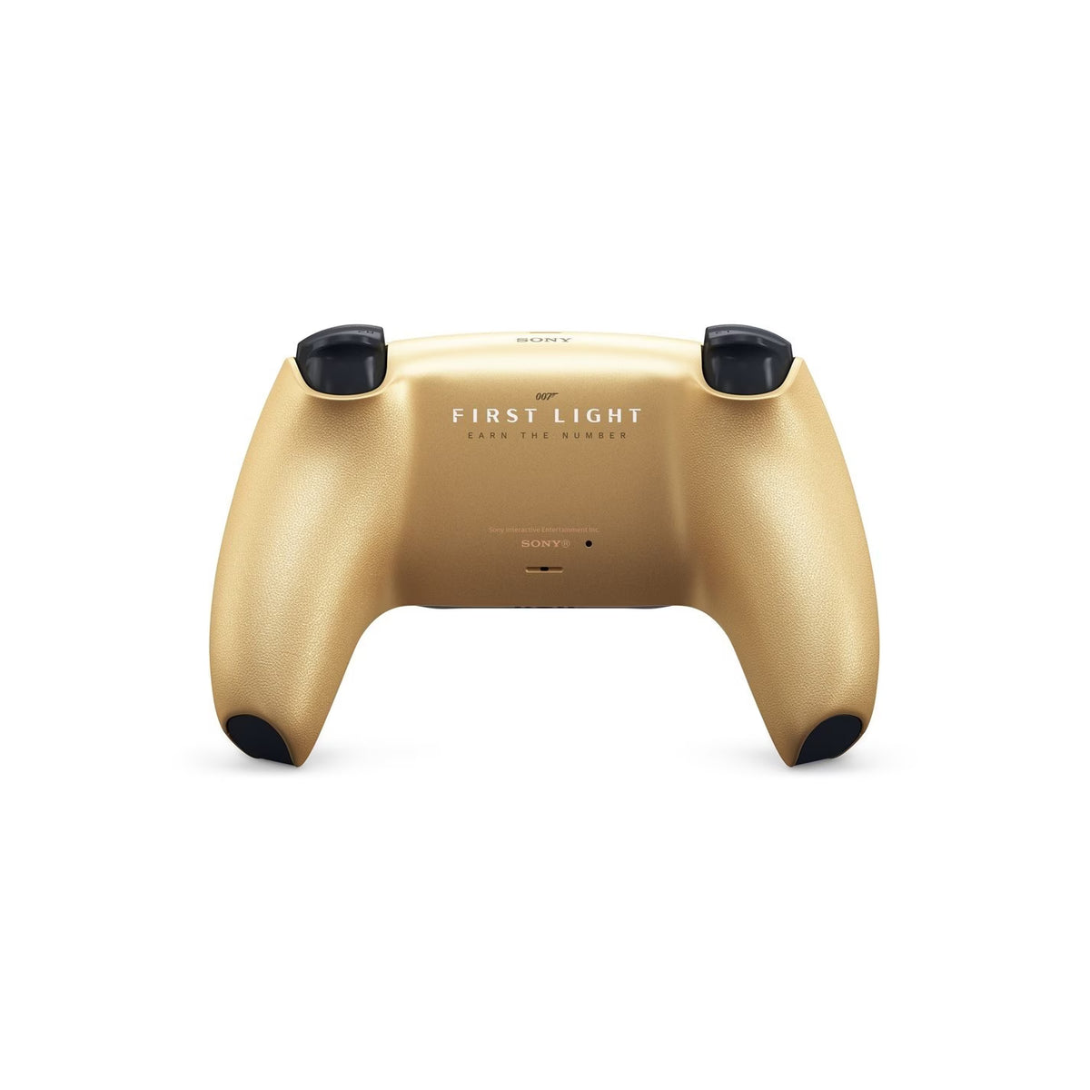 Rear view of the Sony PlayStation 5 DualSense 007 First Light Limited Edition wireless controller, showing the metallic gold back casing, black shoulder buttons and ergonomic grips.