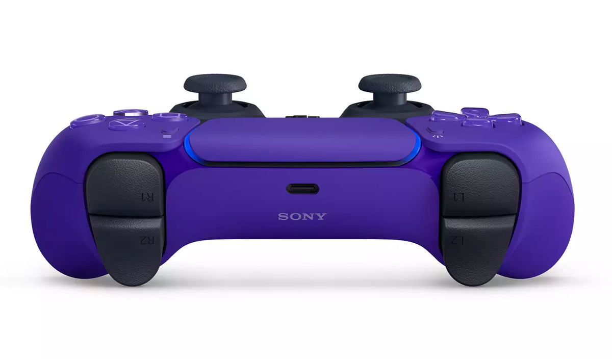 Top view of the Sony PlayStation 5 DualSense Galactic Purple wireless controller, showing the L1 and R1 shoulder buttons, L2 and R2 triggers, USB-C port and purple casing.