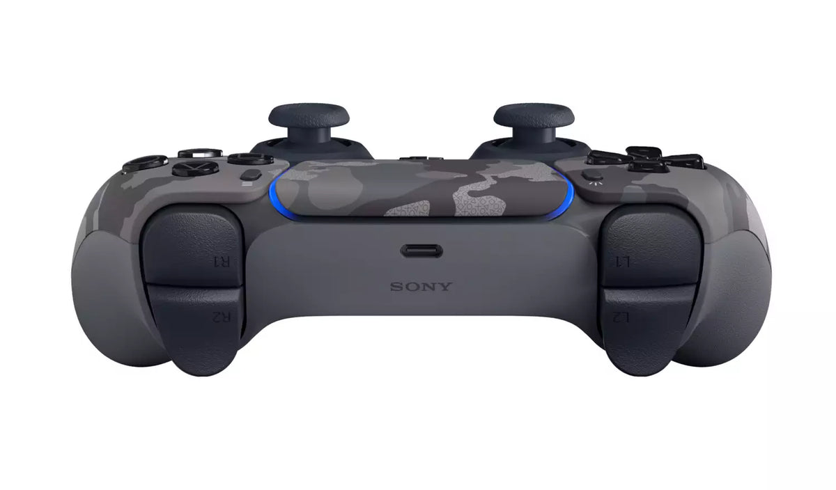 Top view of the Sony PlayStation 5 DualSense Grey Camouflage controller, showing the L1 and R1 shoulder buttons, adaptive triggers, USB-C charging port and touchpad.