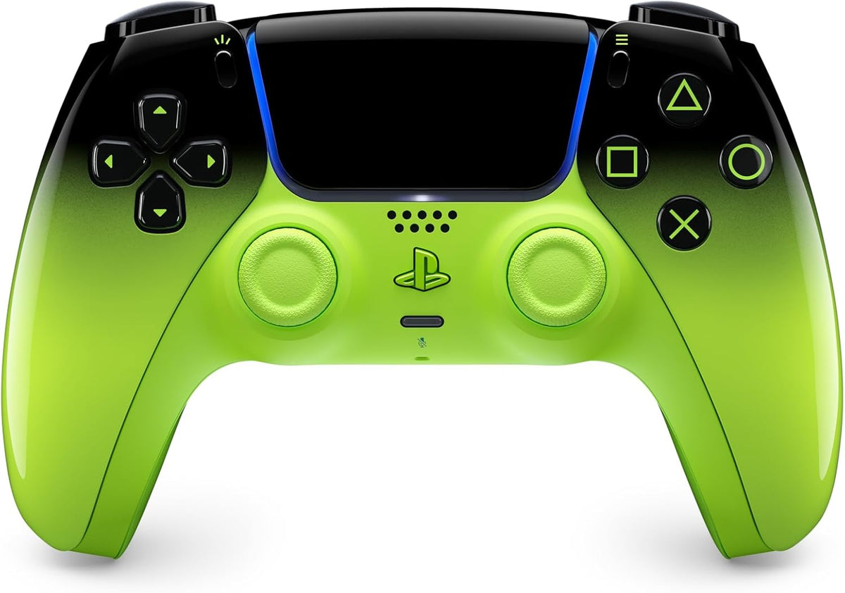 Sony PlayStation 5 DualSense Remix Green Wireless Controller from the HYPERPOP Collection, front view showing vibrant green grips, glossy black upper casing and matching green buttons.