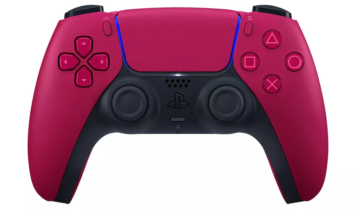 Official Sony PlayStation 5 DualSense Wireless Controller in Cosmic Red, front view showing red casing, black analogue sticks, touchpad and PlayStation buttons.