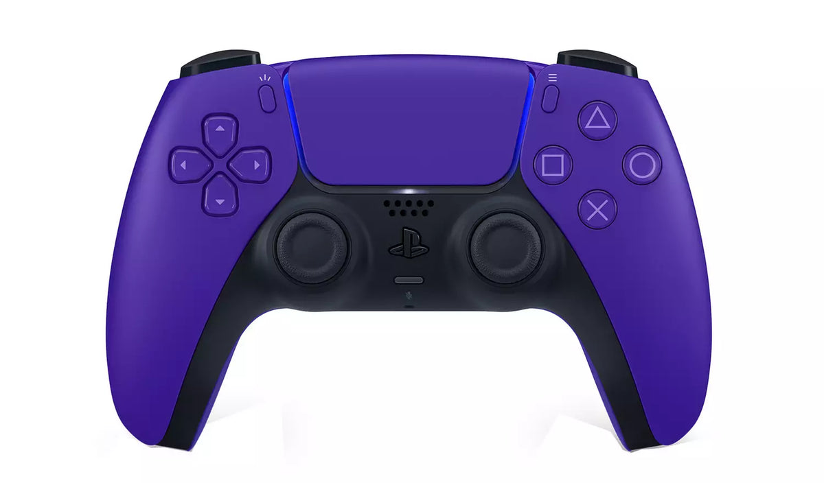 Official Sony PlayStation 5 DualSense Wireless Controller in Galactic Purple, front view showing the deep purple casing, black analogue sticks, touchpad and PlayStation buttons.