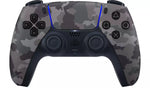 Official Sony PlayStation 5 DualSense Wireless Controller in Grey Camouflage, front view showing the grey camo design, black analogue sticks, touchpad and blue light accents.