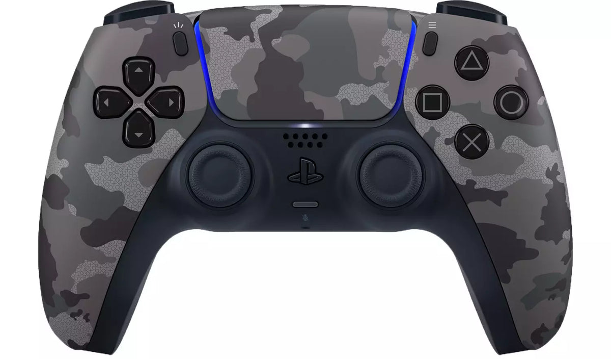 Official Sony PlayStation 5 DualSense Wireless Controller in Grey Camouflage, front view showing the grey camo design, black analogue sticks, touchpad and blue light accents.