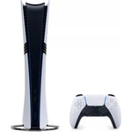 Sony PS5 Pro 2TB Digital Edition console standing vertically alongside a white DualSense wireless controller, showing the PlayStation 5 Pro's sleek design.