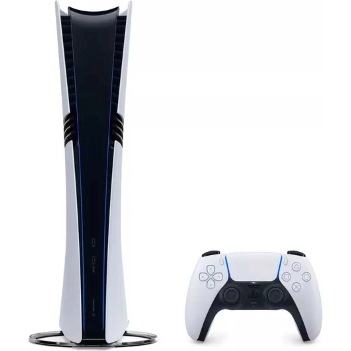 Sony PS5 Pro 2TB Digital Edition console standing vertically alongside a white DualSense wireless controller, showing the PlayStation 5 Pro's sleek design.
