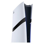 Close-up of the Sony PlayStation 5 Pro Digital Console in White, highlighting its distinctive three black stripes, curved white side panels and modern console design.