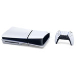 Sony PS5 Slim 1TB Disc Edition displayed horizontally alongside a white DualSense wireless controller, showing the compact console design and white side panels.