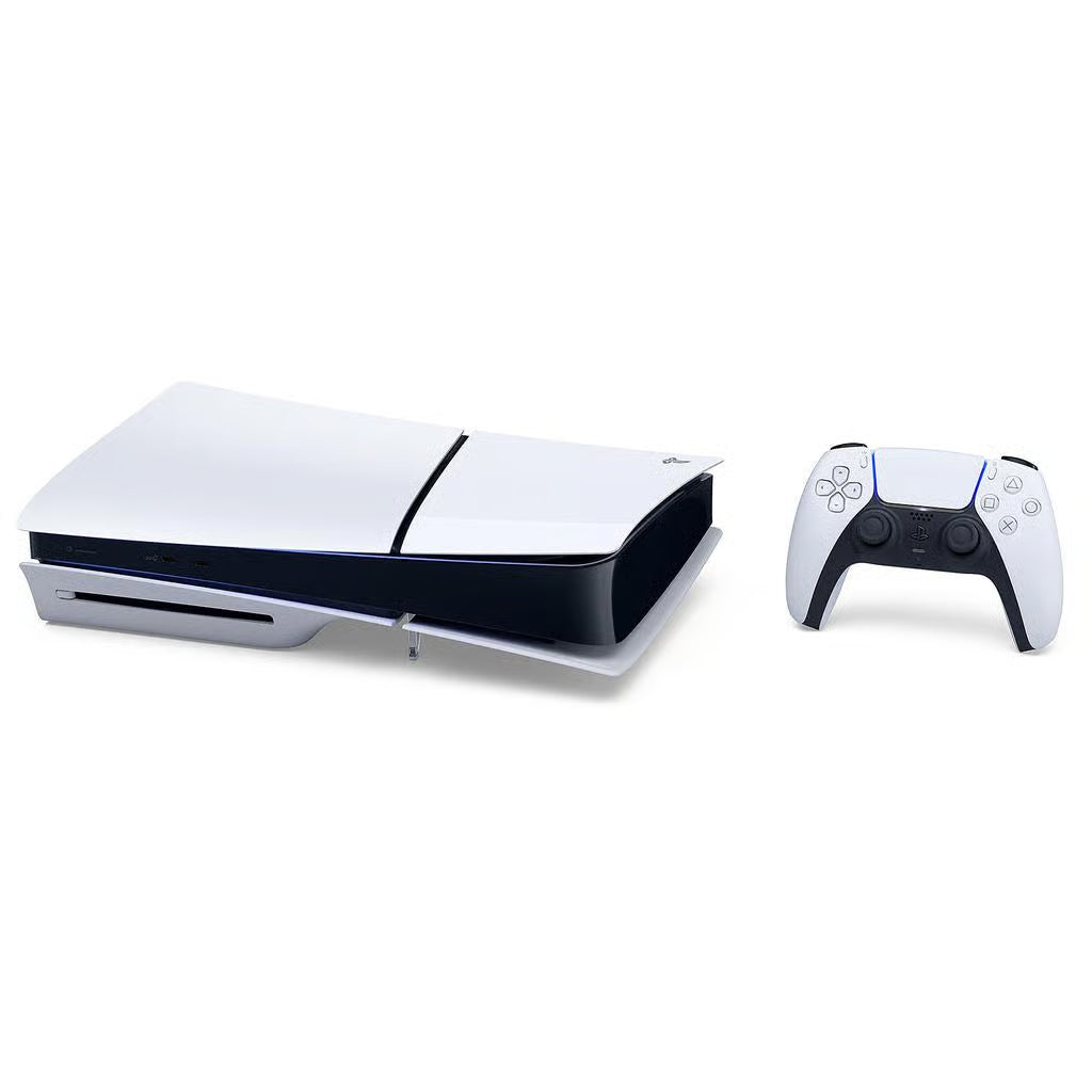 Sony PS5 Slim 1TB Disc Edition displayed horizontally alongside a white DualSense wireless controller, showing the compact console design and white side panels.