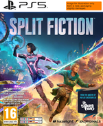 Front cover art for the video game Split Fiction for PlayStation 5, featuring two characters in a colorful sci-fi city scene with glowing blue energy effects. Visible branding includes PS5, Split Fiction, it takes two, hazelight, and EAORIGINALS.