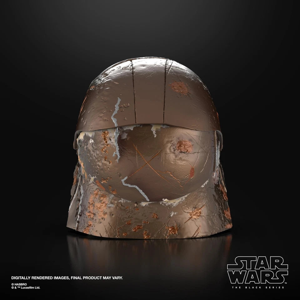 Rear view of the Star Wars Black Series The Stranger Premium Electronic Helmet showing its weathered armour detailing