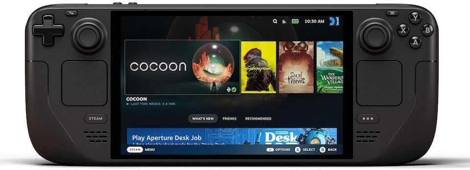 Front-facing Steam Deck OLED console displaying the Steam interface