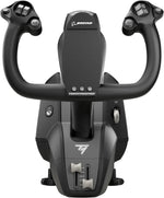 Thrustmaster TCA Yoke Boeing Edition front view showing the aircraft-inspired flight controls, dual handles, integrated buttons and central control column.