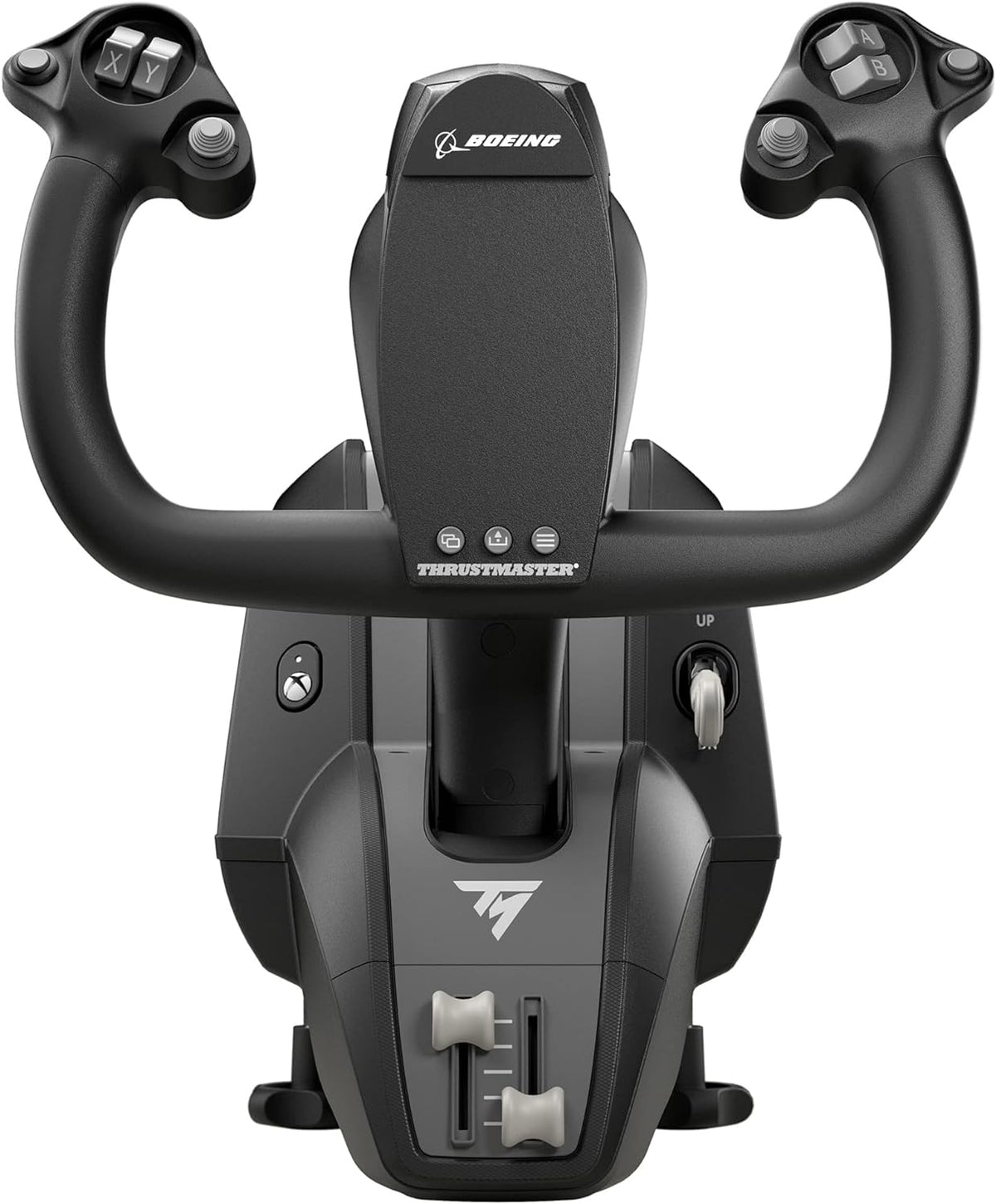 Thrustmaster TCA Yoke Boeing Edition front view showing the aircraft-inspired flight controls, dual handles, integrated buttons and central control column.