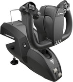 Thrustmaster TCA Yoke Boeing Edition flight simulator controller shown at an angle, highlighting its Boeing-inspired design, sturdy base and ergonomic flight controls.