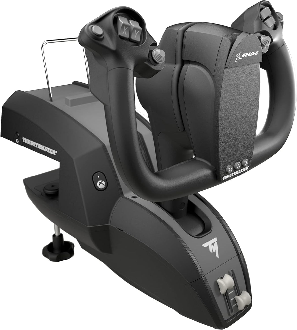 Thrustmaster TCA Yoke Boeing Edition flight simulator controller shown at an angle, highlighting its Boeing-inspired design, sturdy base and ergonomic flight controls.