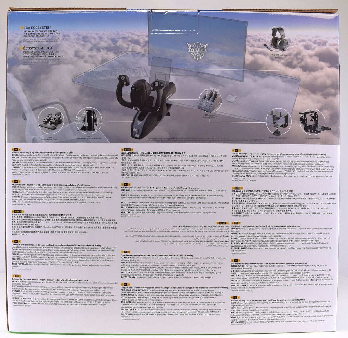Back of the Thrustmaster TCA Yoke Boeing Edition retail box displaying flight simulator controller features, technical information and product illustrations.