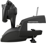 Side view of the Thrustmaster TCA Yoke Boeing Edition showing the flight control column, desktop mounting base and aircraft-inspired yoke mechanism.