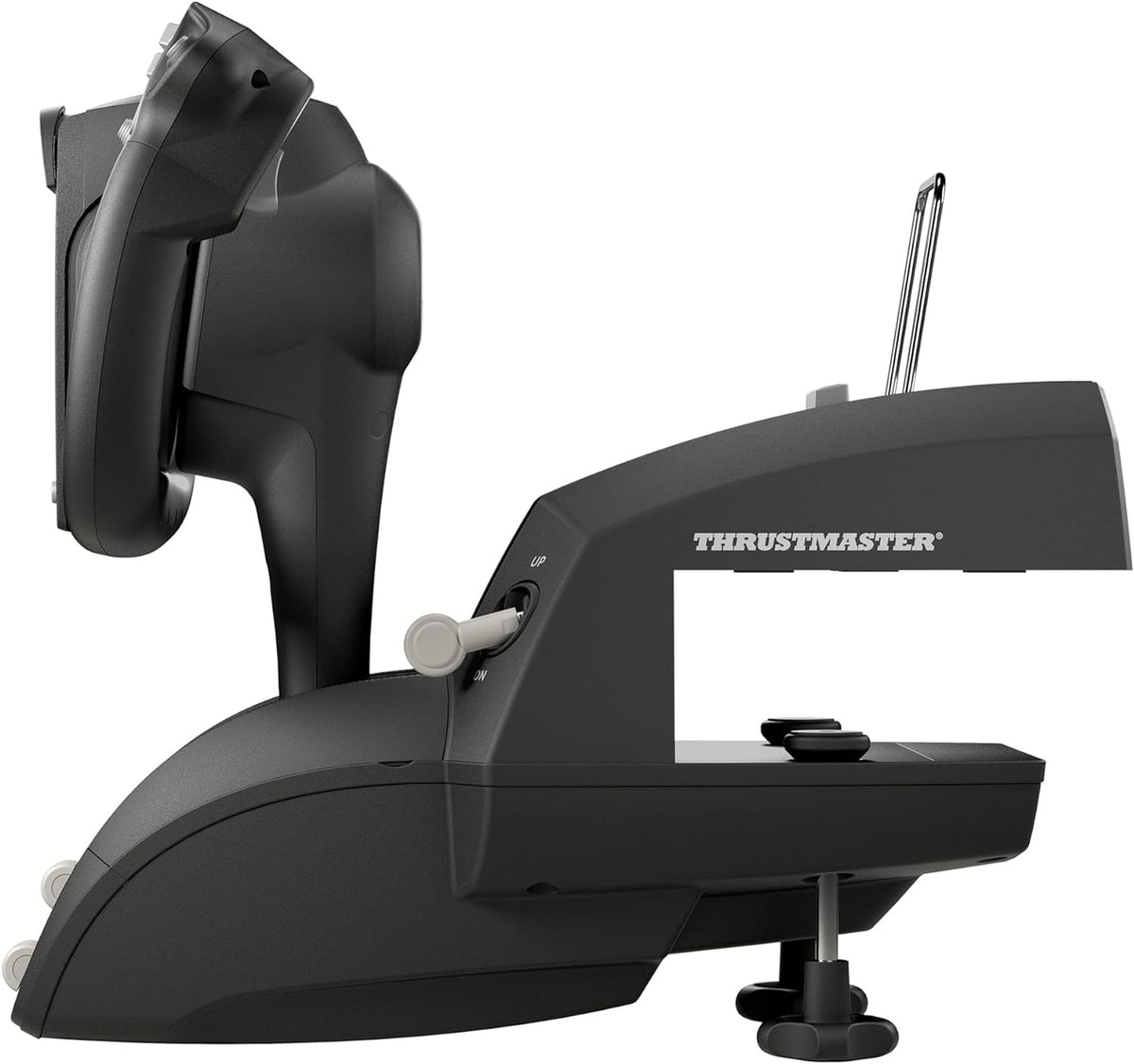 Side view of the Thrustmaster TCA Yoke Boeing Edition showing the flight control column, desktop mounting base and aircraft-inspired yoke mechanism.