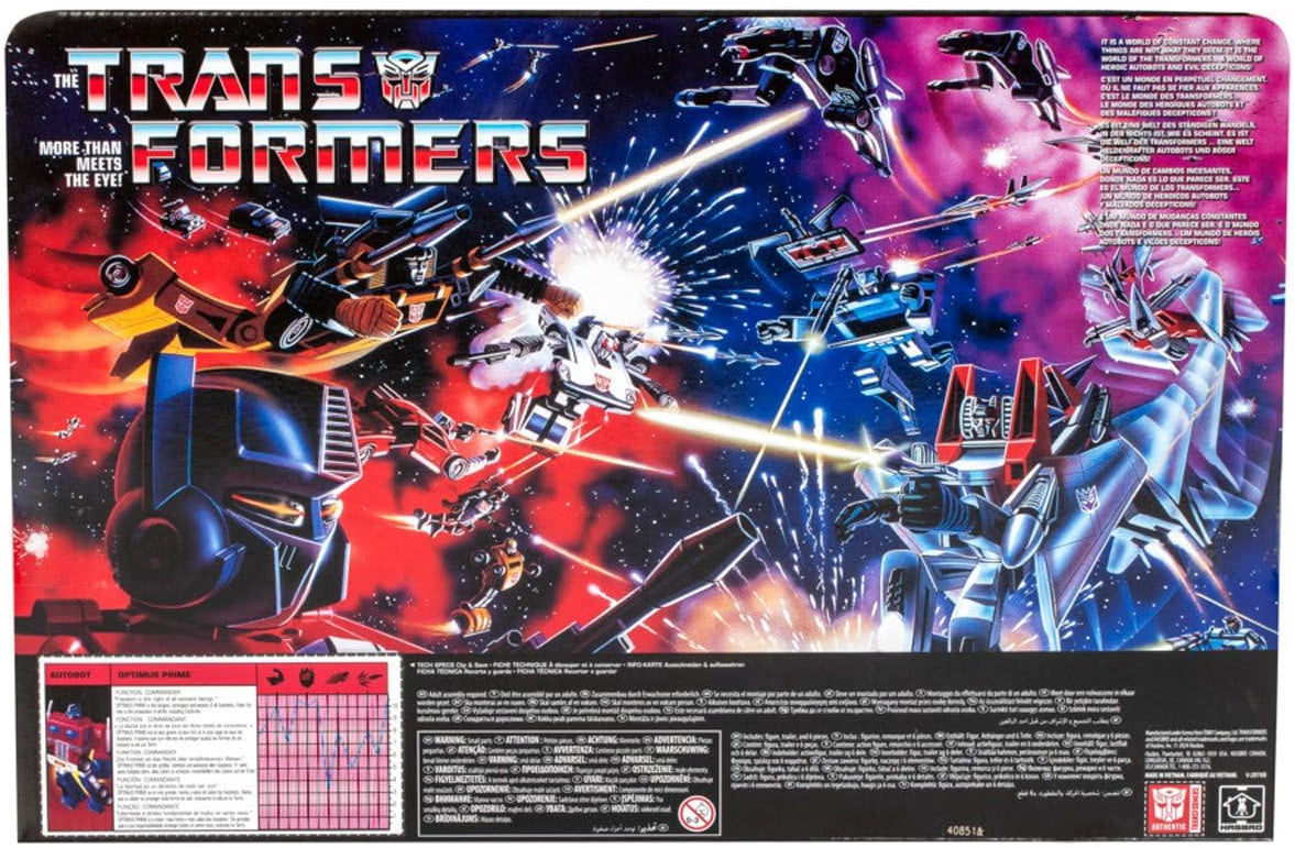 Rear of Transformers G1 Optimus Prime 40th Anniversary packaging with classic Transformers artwork and product details