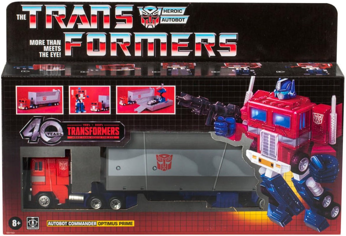 Transformers 40th Anniversary G1 Optimus Prime boxed set showing truck, trailer and classic robot artwork