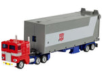 Transformers G1 Optimus Prime in classic red and grey truck mode with Autobot trailer
