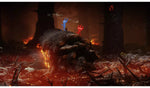Unravel Two Nintendo Switch gameplay showing the two Yarny characters together in a dramatic fiery environment
