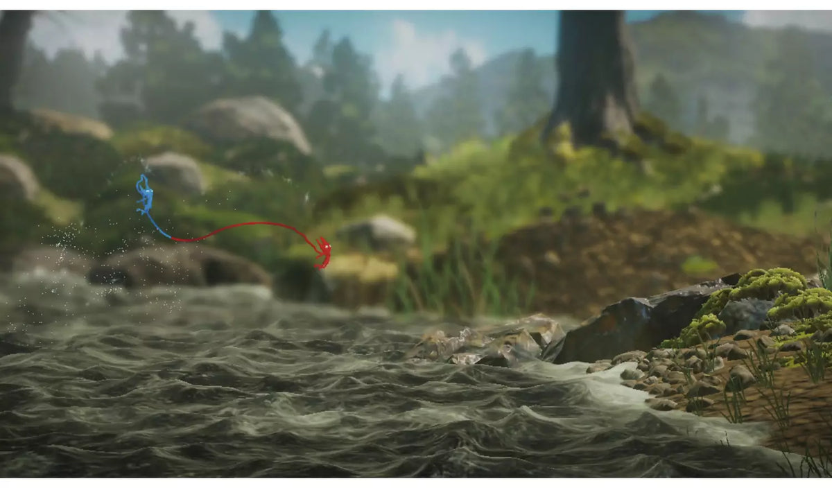 Unravel Two Nintendo Switch gameplay showing the red and blue Yarny characters exploring a forest environment