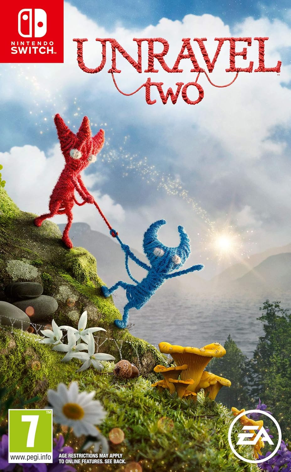 Unravel Two Nintendo Switch game cover featuring the red and blue Yarny characters exploring together