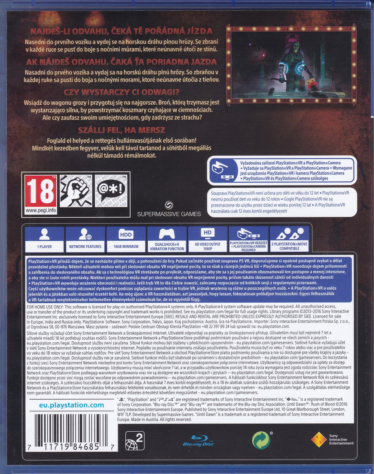 Back cover of Until Dawn Rush of Blood for PlayStation 4, showing game information, horror screenshots, PEGI 18 rating and PlayStation VR compatibility details.