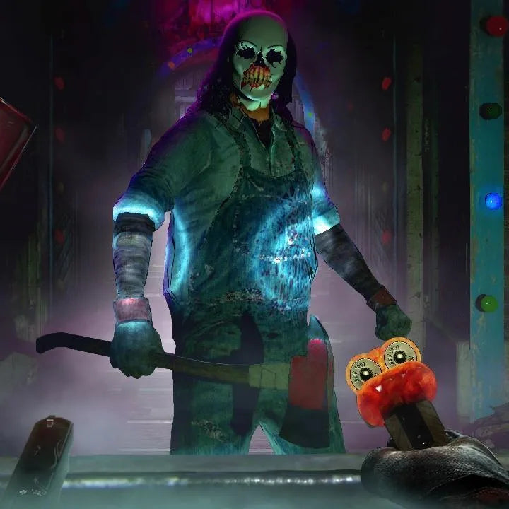 Until Dawn Rush of Blood PlayStation VR gameplay showing a terrifying masked enemy holding a weapon in a dark, atmospheric horror environment.