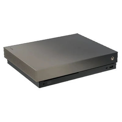 Xbox One X Gold Rush Special Edition console shown from a front three-quarter angle