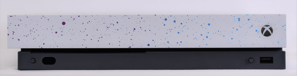 Front view of Microsoft Xbox One X Hyperspace Special Edition console