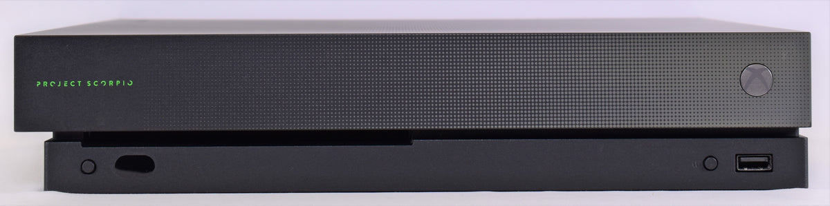 Front view of Microsoft Xbox One X Project Scorpio Edition console