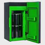 Open Xbox drinks cooler showing black drink cans stacked inside the green compartment