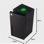 Angled view of the Xbox replica drinks cooler with measurement arrows showing its height, width and depth