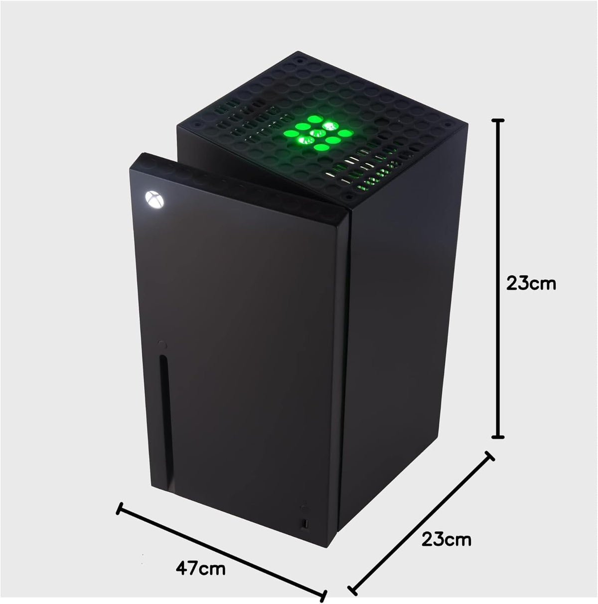 Angled view of the Xbox replica drinks cooler with measurement arrows showing its height, width and depth