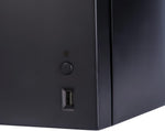 Close-up of the cooler's black front panel showing a round button and USB port