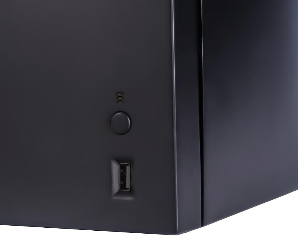 Close-up of the cooler's black front panel showing a round button and USB port