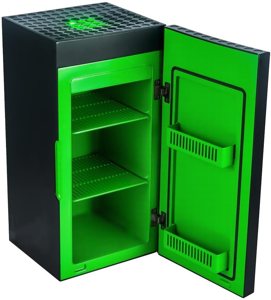 Xbox replica drinks cooler with its door open, showing green interior shelves and door compartments