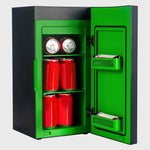 Open Xbox drinks cooler containing red drink cans and snacks in its green interior