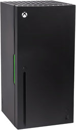 Black Xbox Series X replica drinks cooler viewed at an angle, showing the Xbox logo, front door and top grille