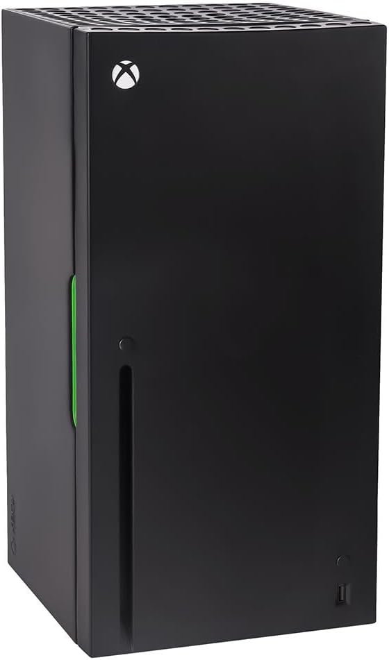 Black Xbox Series X replica drinks cooler viewed at an angle, showing the Xbox logo, front door and top grille