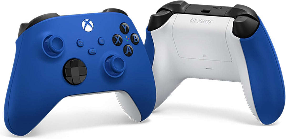 Microsoft Xbox Shock Blue Wireless Controller showing front and rear views, featuring the bold blue front casing, contrasting white back and black gaming controls.